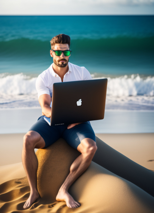 A sexy man working as an affiliate and webmaster for livecams affiliate programs, on the beach